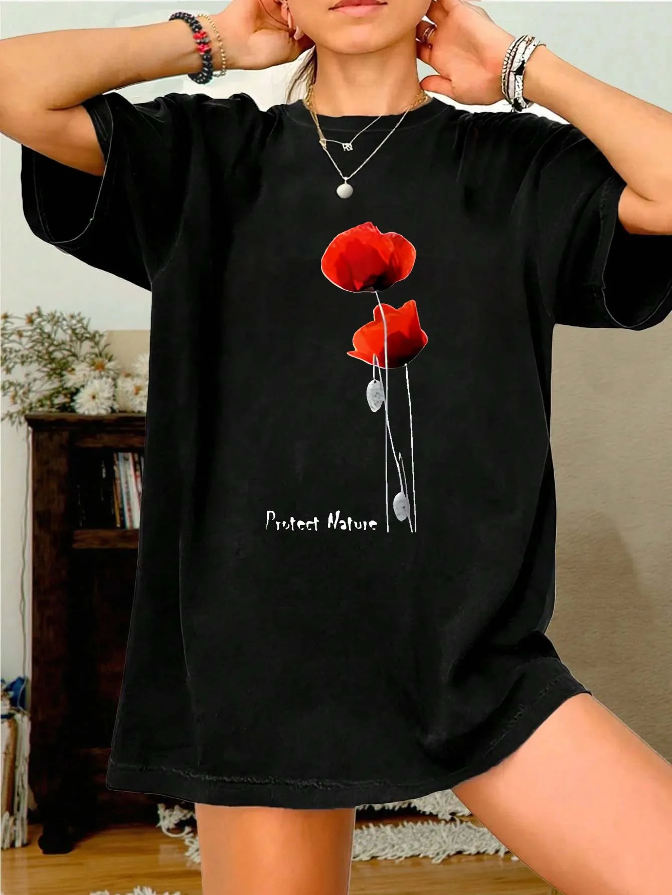 

Plus Size Poppy Patterned Tee With Protect Nature Slogan For Eco Chic Style