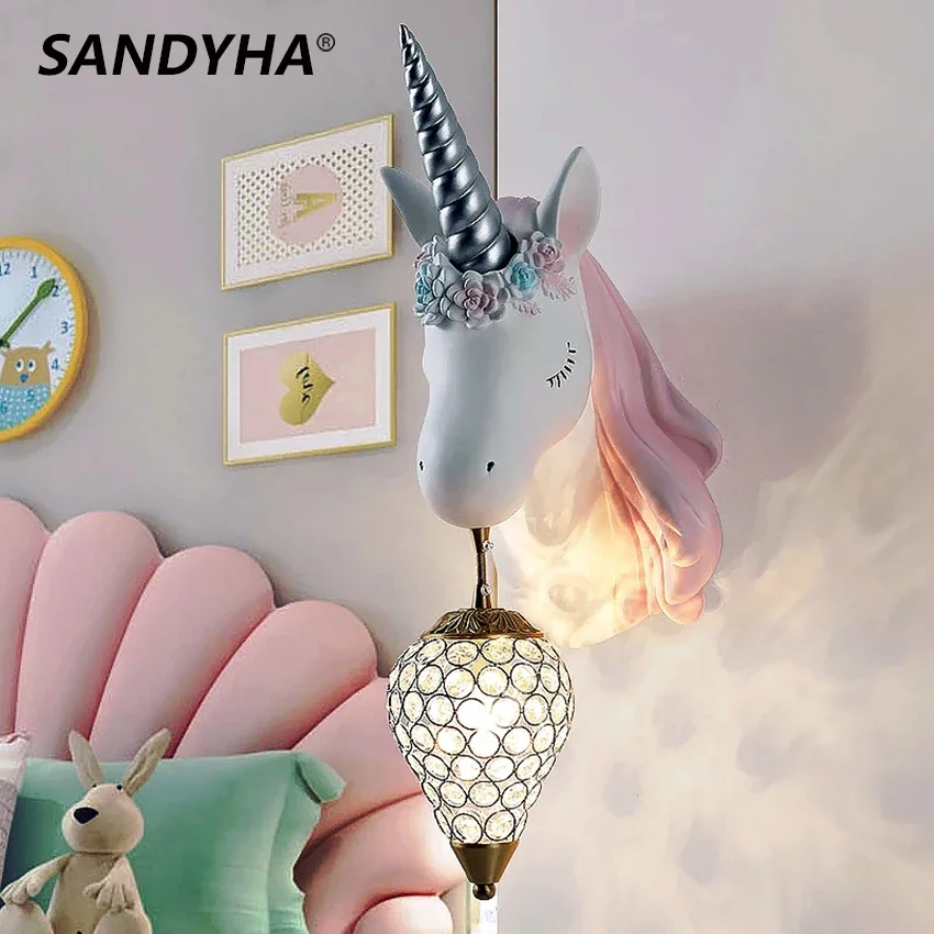 

Cartoon Wall Lamps Design Resin Crystal Drop Sconces Interior Bedroom Lights Children's Drawing Unicorn Room Home Decoration Led