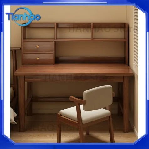 Solid Wood Desk for Home Student Study Writing Table with Built-in Bookshelf Bedroom Computer Desk Office Desk