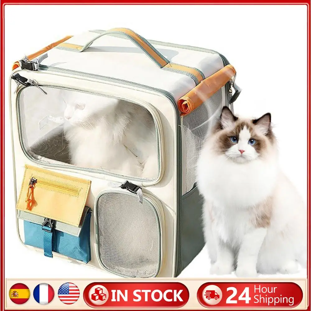 Mochila para mascotas de tela Oxford con cremallera, mochila portátil para gatos, mochila para mascotas con ventana transparente transpirable para excursiones y paseos en coche