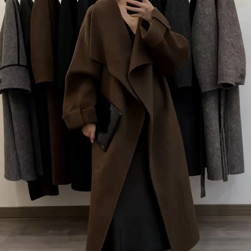 Autumn Winter New Wool Coat For Women Double-Sided Cashmere Coat High-End Elegant Lace-Up Solid Color Women Coat