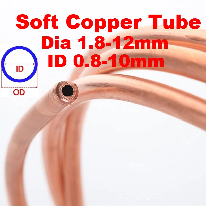 

1-3M Soft Copper Tube 99.9%Pure Copper Coil OD 1.8/2/2.5/3/4/5/6/6.35/8/9/10/12mm Wire Pipe Air Conditioner Cooling DIY Crafts