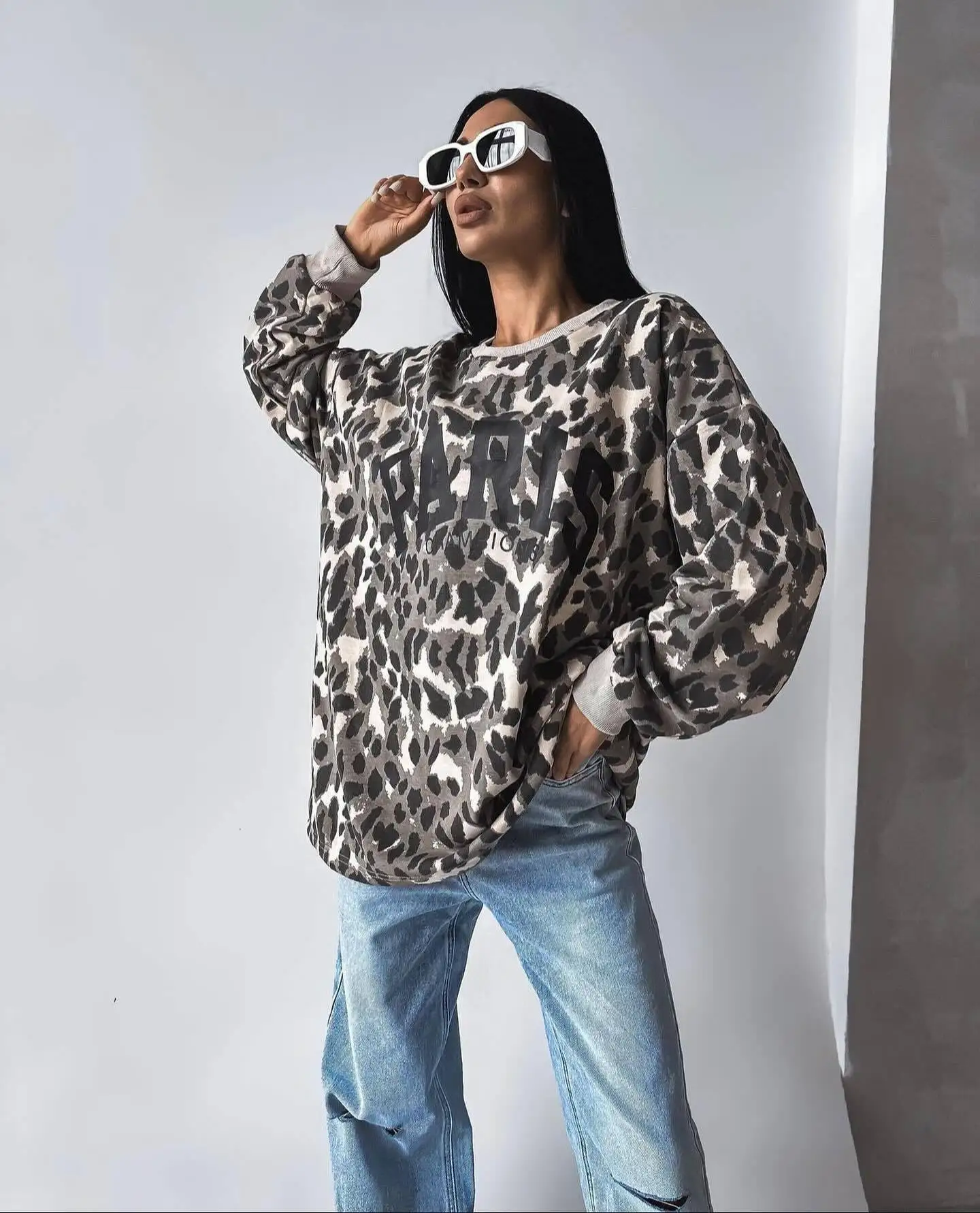 Fall Women\'s Sweatshirt Long Sleeves Pullovers Letter Leopard Print Outerwear Loose O-neck Sexy Female\'s Tops Oversize Hoodie