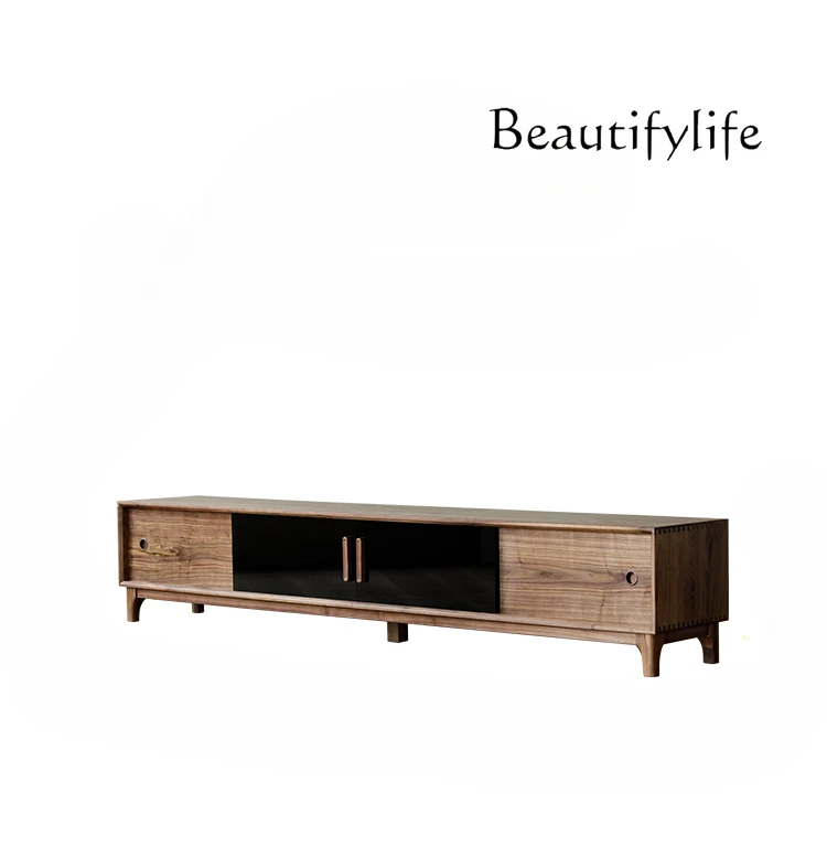 

North America Black Walnut Solid Wood TV Cabinet Nordic Modern Minimalist Living Room Storage View Hall Cabinet