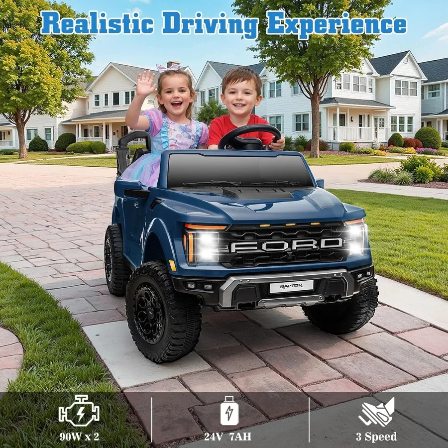 24V 전동차 라이선스 F-150 랩터 전기차 리모컨 포함 LED 라이트/음악/MP3 트럭 적재함 수납 3점식 안전벨트