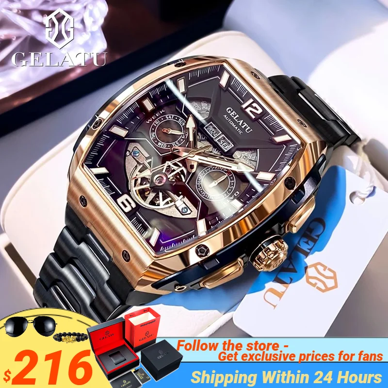 

GELATU 6013 Genuine Watches for Men Rose Black Stainless Steel Flywheel Dial Original Business Watch Waterproof Men Wristwatches