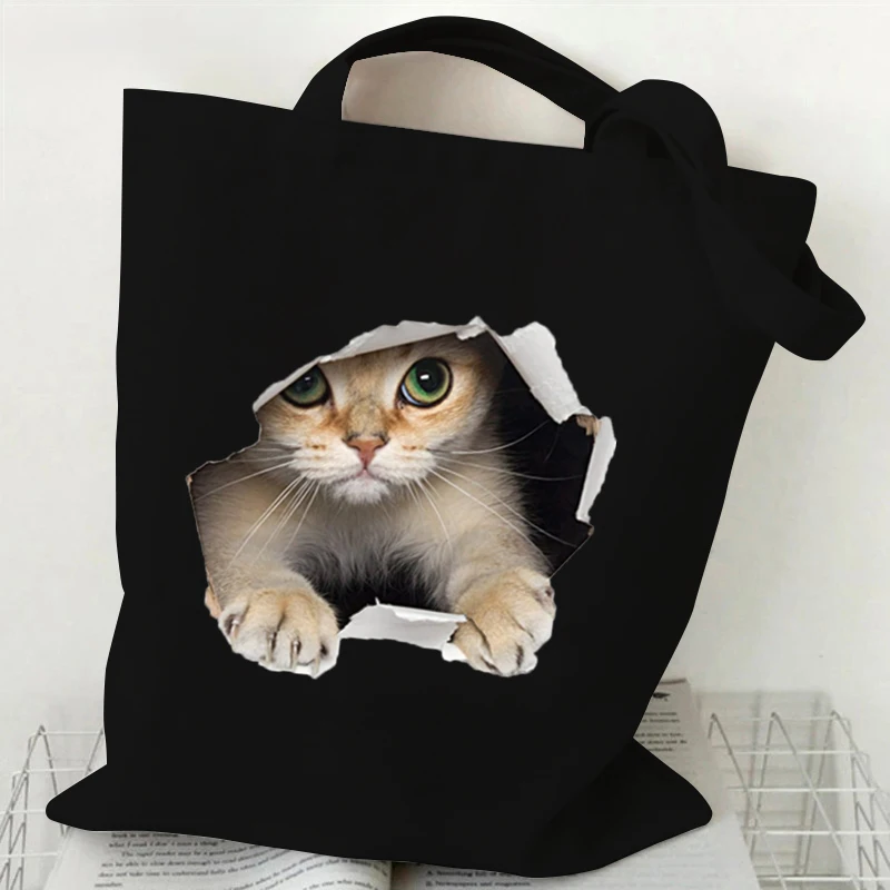 Bolso de mano con estampado de gato para mujer, bolsa de lona Estilo Vintage, Harajuku, Hip Hop, con dibujos animados de gatos en 3D