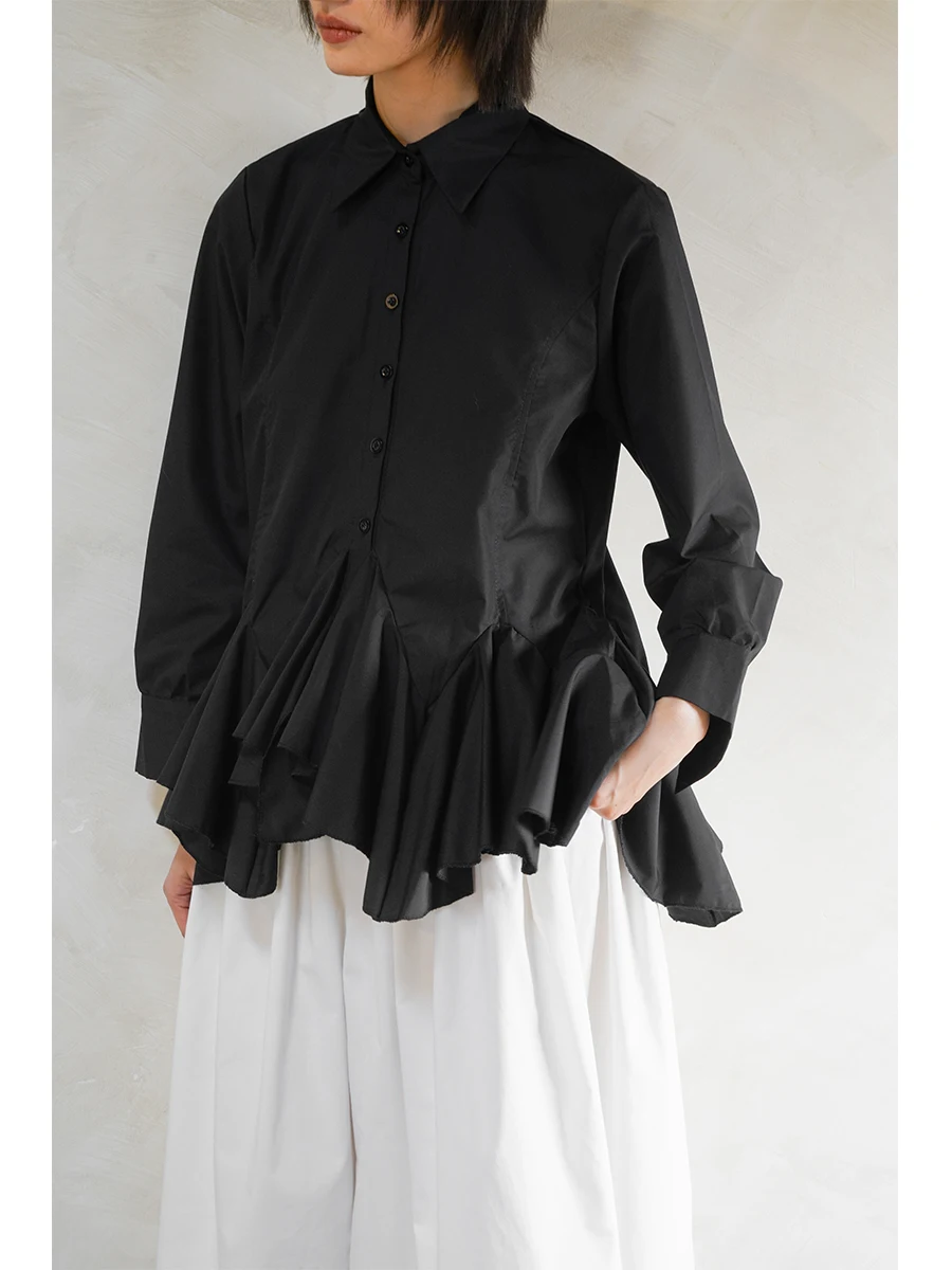 

Chic Long Sve Cotton irt Pure Color Wooden Design Versatile Spring 2025 Women's Premium Faion Loose Fit Button up