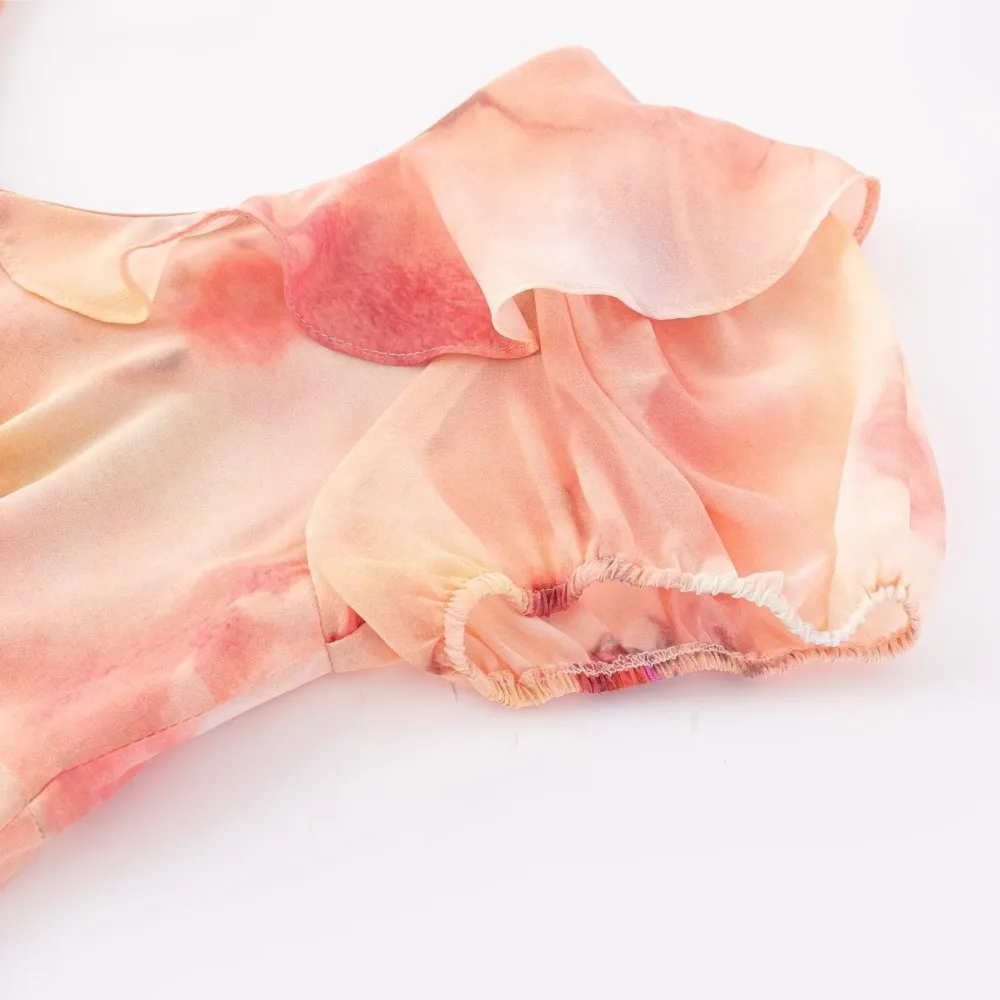 2025 Romantico arancione sfumato stampa floreale volant colletto a V manica a sbuffo abito longuette donna cravatta fiocco telai una linea abiti lunghi veste