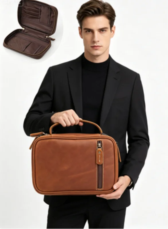 Genuine leather hand-held Storage Bags, crazy horse leather stationery bags, large-capacity passport bag for going out documents
