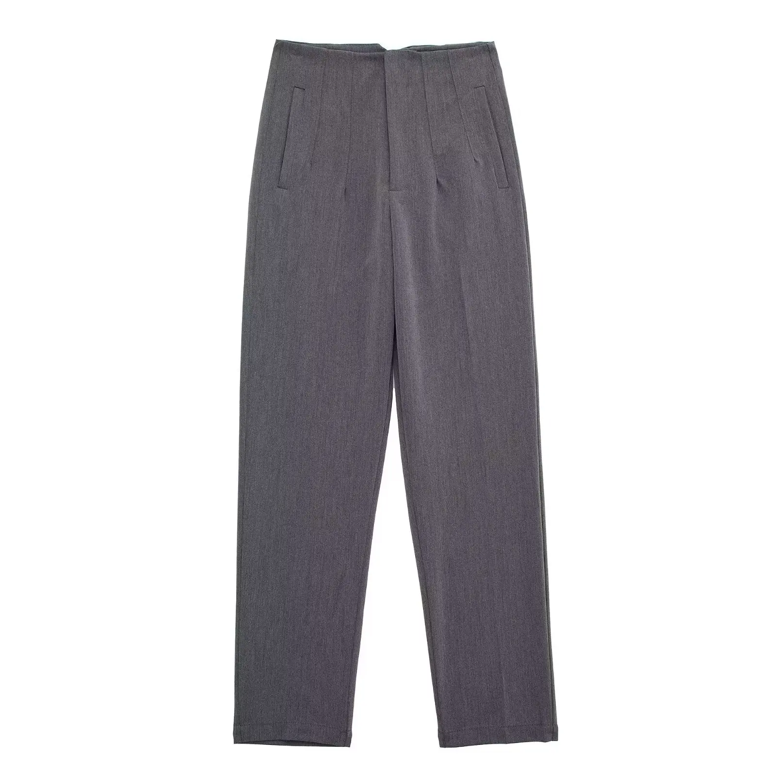 Straight Leg Pants High Waist Full Length Vintage Trousers for Women - Striped Gray