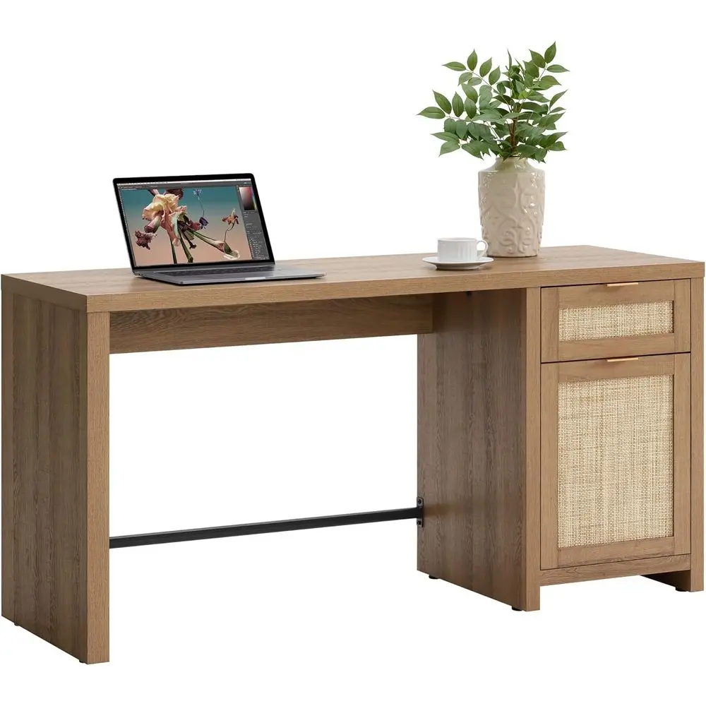 

Большой офисный стол из дуба с местом для хранения, 59-дюймовый стол для домашнего офиса с тумбой и ящиками, подходит для компьютера, учебы, гостиной