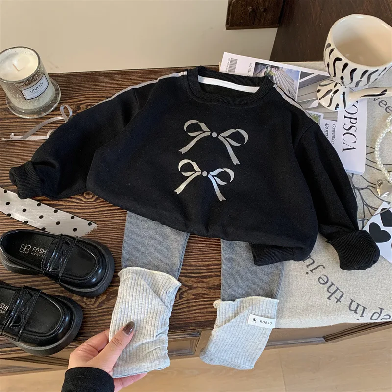 

Children's Clothing New Autumn Girls' Bowknot Black Sweatshirt Children's Color Block Leggings Two-Piece Set Trendy