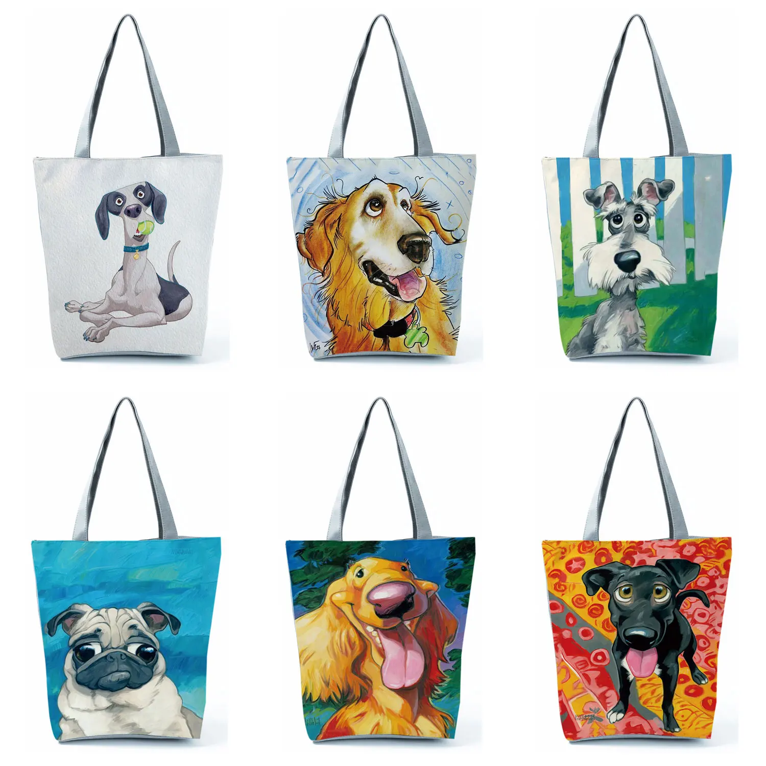 Dog Art Print Tote Bag Eco Reusable Shopping Shopper Bags Schnauzer Golden Retriever Women Fabric Handbags Shoulder Bag Female