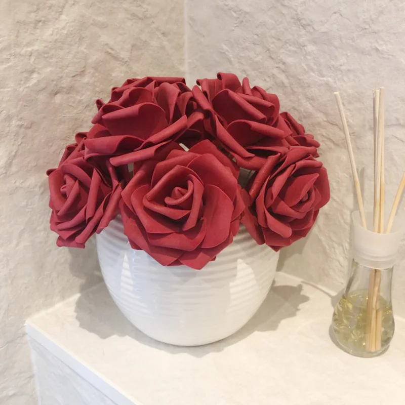 24Pcs 7Cm Goedkope Bloemen Foam Kunstmatige Rose Bloemen Boeket Voor Thuis Garden Party Bruiloft Decoratie Grote Rose Met draad Steel