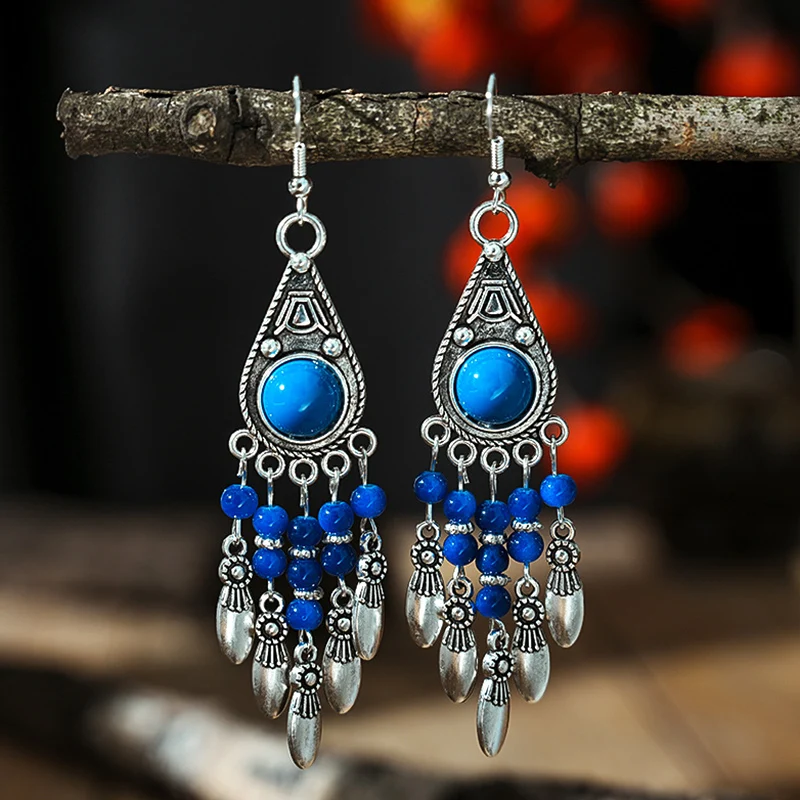 Vintage Ethnic Crystal Bead Water Drop Tassel Earrings for Women Elegant Handmade Silver Color Dangle Earring Female Jewelry