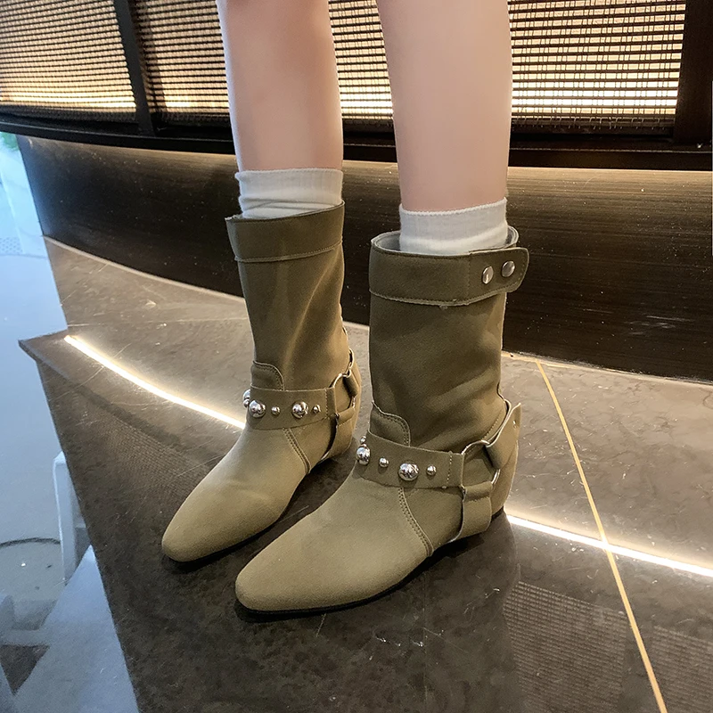 Women's Fashion Inner Increase Mid-heel Single Boots Fall New Pointy Suede Rivet Metal Ring Comfortable Short Boots