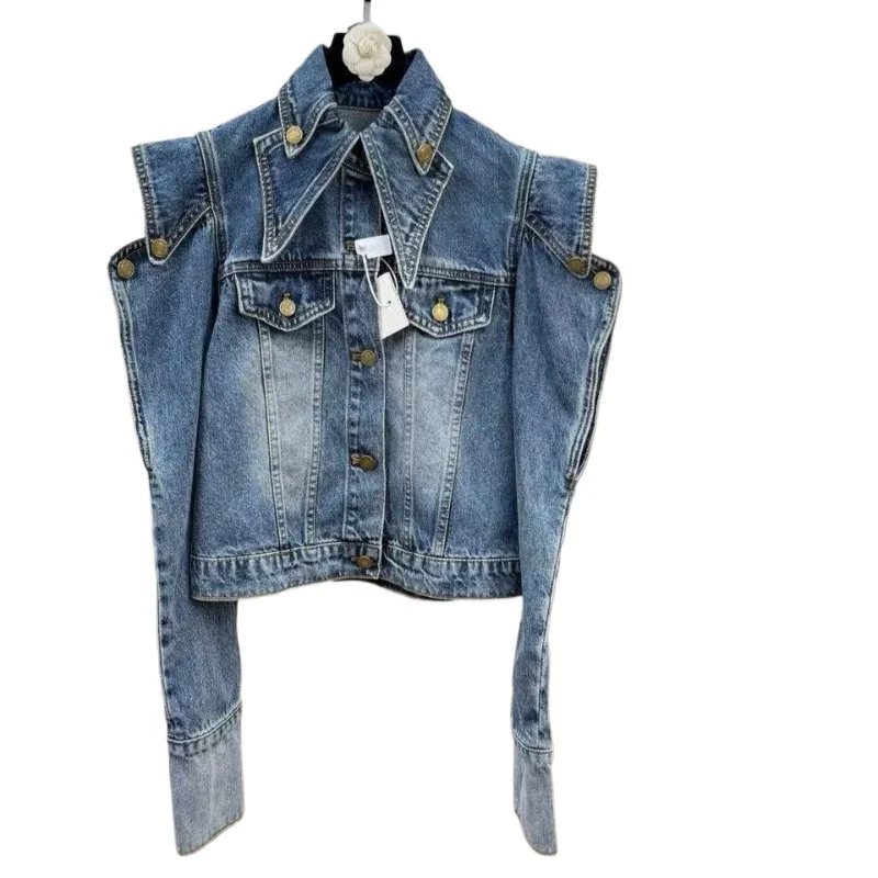 American Retro Triangular Lapel Shoulder Leakage Special-shaped Long-sleeved Street Trendy Spice Girl  Slim-fitting Denim Jacket