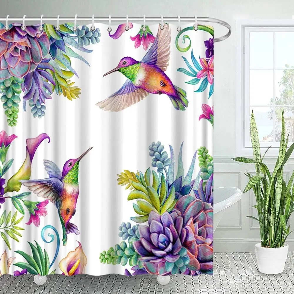 Hummingbird Floral Shower Curtain Watercolor Flower Plant Tropical Green Leaves Bird Butterfly Bathroom Decor Fabric with Hooks