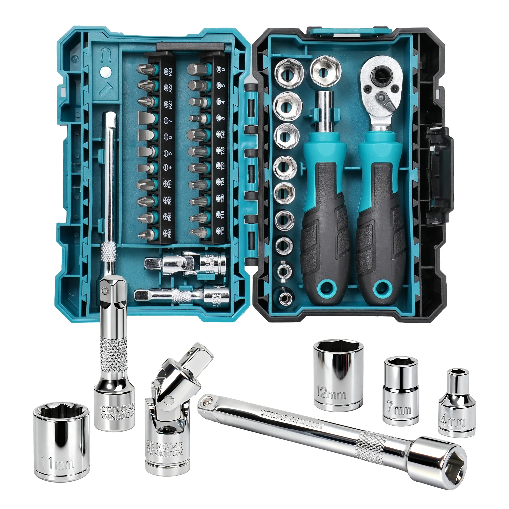 Jeu de clés à cliquet à double entraînement 1/4" de 37 pièces avec douilles peu profondes, poignée magnétique, embouts, rallonges et joint universel