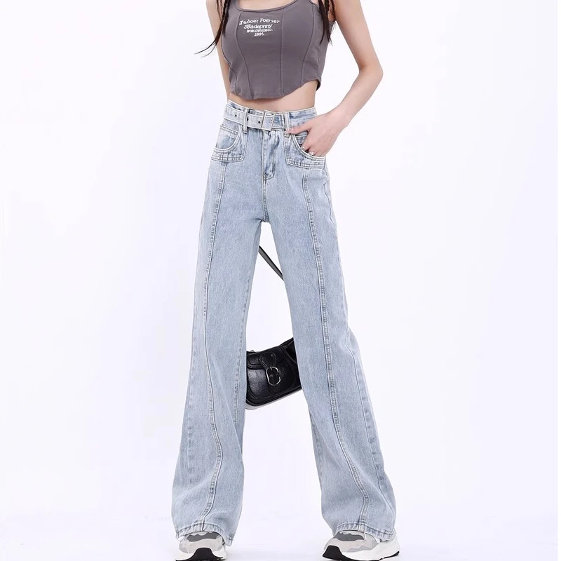 Light-colored straight loose jeans women 2024 spring and summer high-waisted thin design niche draped wide-leg flared pants