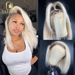 13x6 Colored Dark Root White Platinum Ash Blonde Straight Bob Lace Frontal Wig Human Hair Pre Plucked Brazilian Remy Front Wig