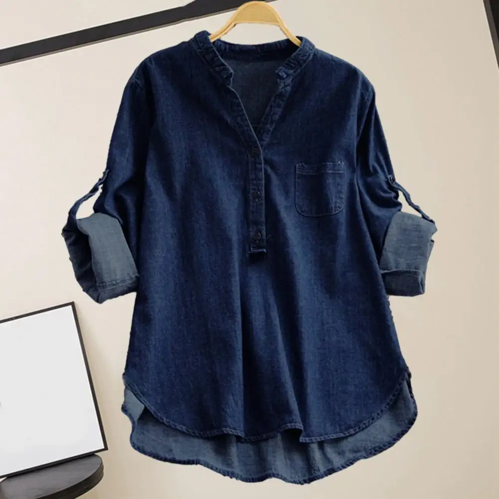 Women Solid Color Denim Shirt Stylish Women\'s Solid Color Denim Shirt with Stand Collar V-neck Buttons Long Sleeve Loose for A