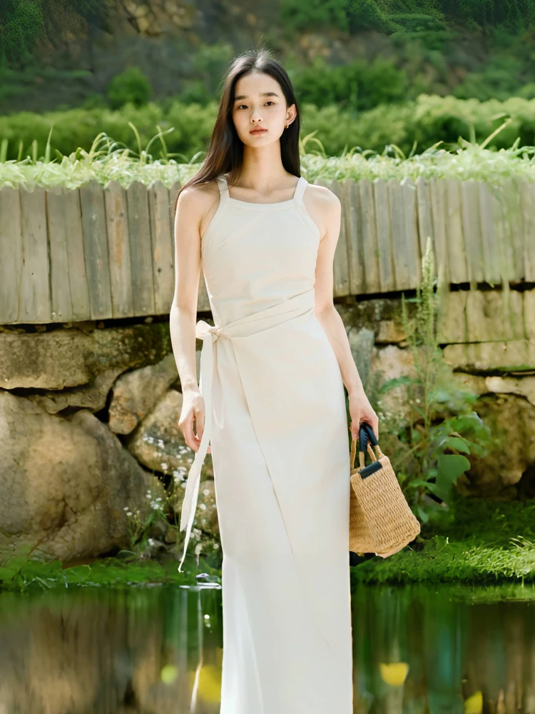 

Ele Wrap Bodycon Dr with Bow Tie Square Collar Slit Long Summer Cotton No-Sve Gown for Women Faionable Commute