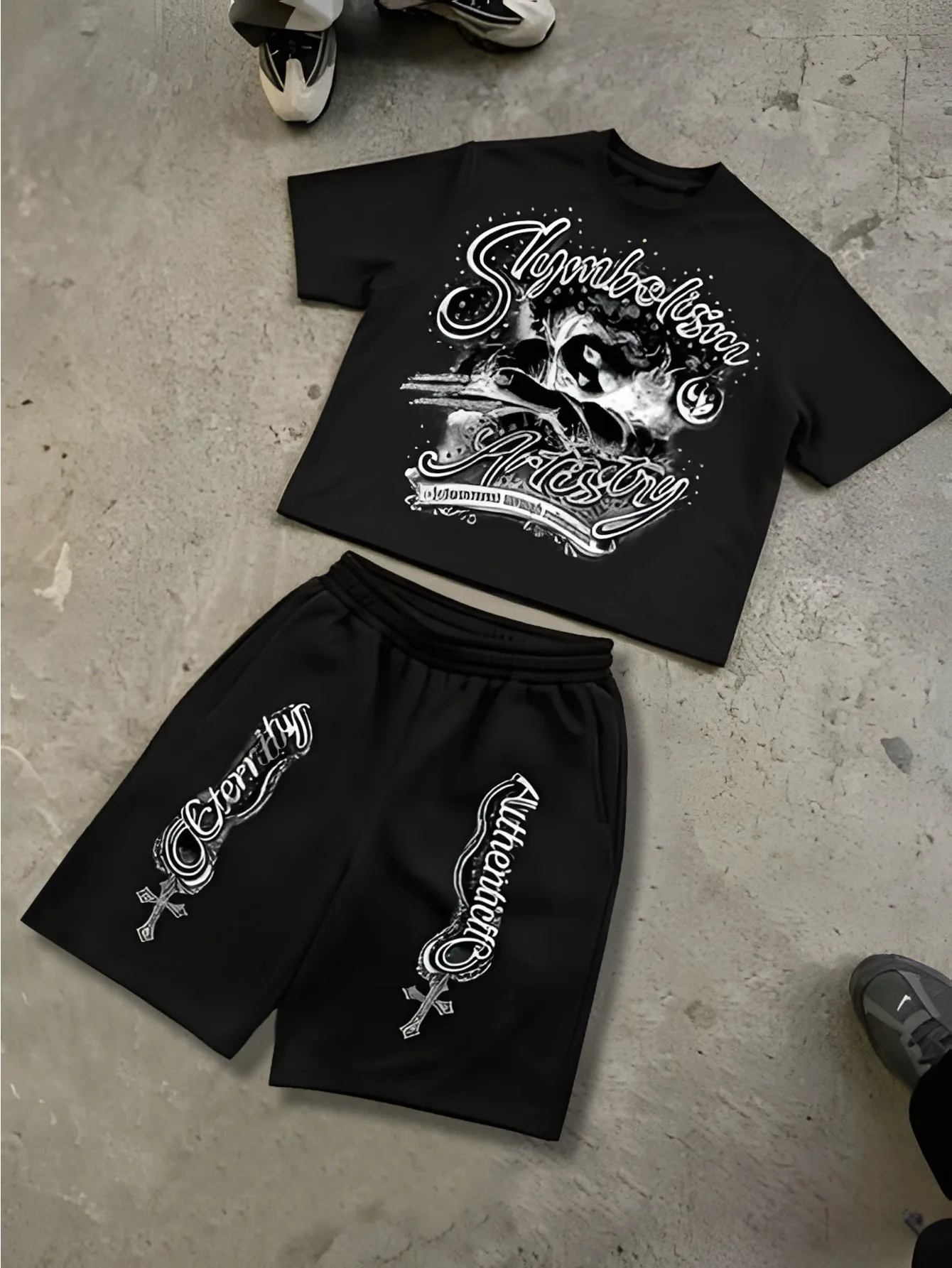 

Men's American-Style High-Street Printed Short-Sleeve T-Shirt Set: Trendy Casual Sports Two-Piece Set