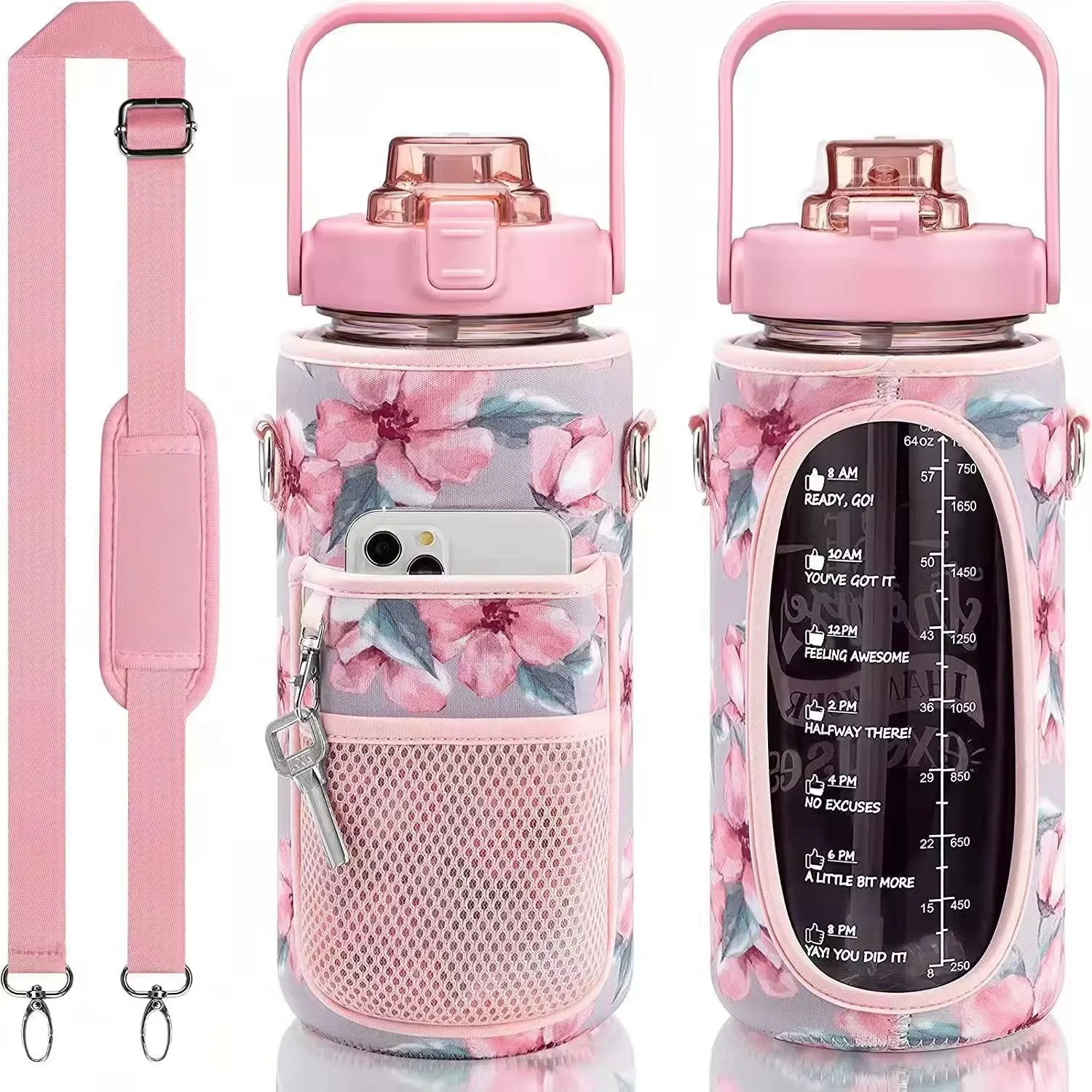 Wholesale large capacity 2L Time Mark Fitness Sports  Portable Straw  Portable belt