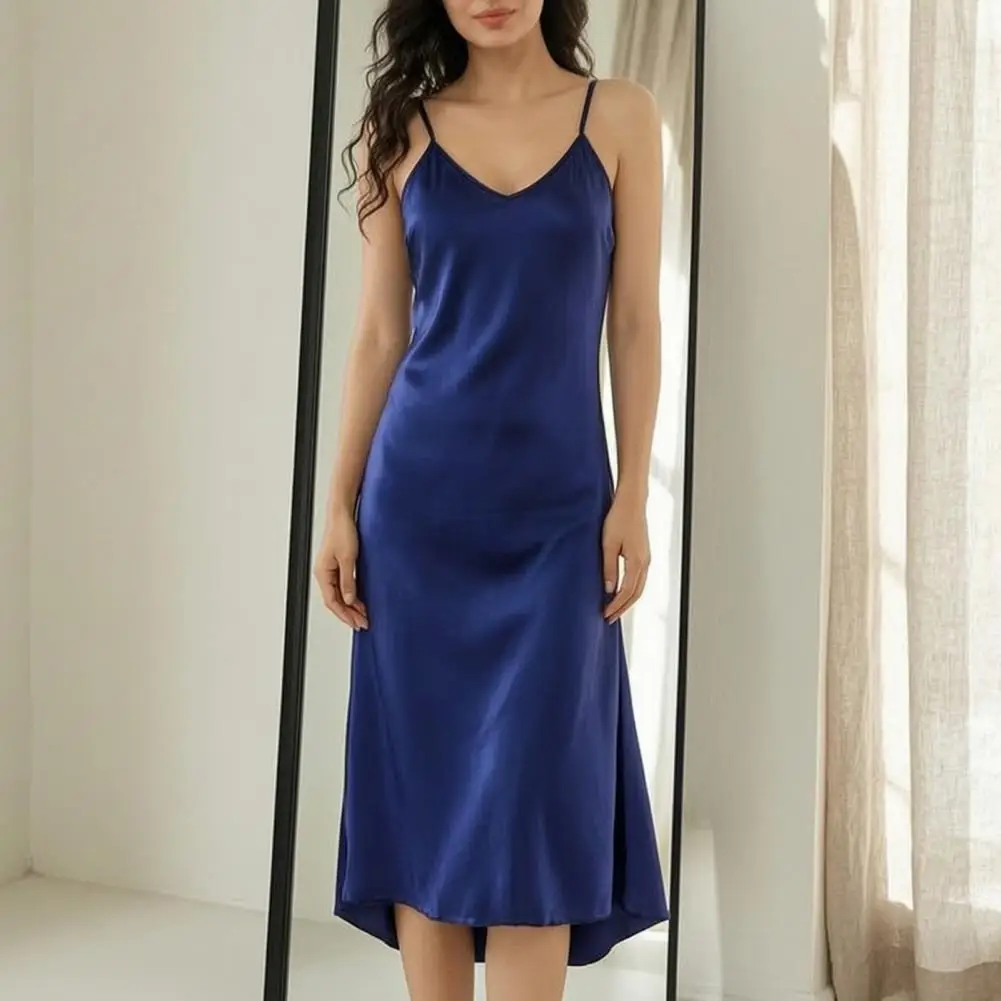 Sexy Silk Nightdress Women's Satin Nightgown Chemise With V-neck Slim Fit Mid-length Sleepwear Adjustable Strap Silky Slip
