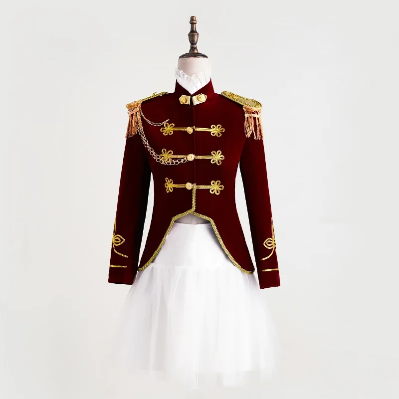 

Women's Military-inspired Two-piece Ensemblea Red Jacket Paired with A White Miniskirt,creatingdistinctivestageperformanceattire
