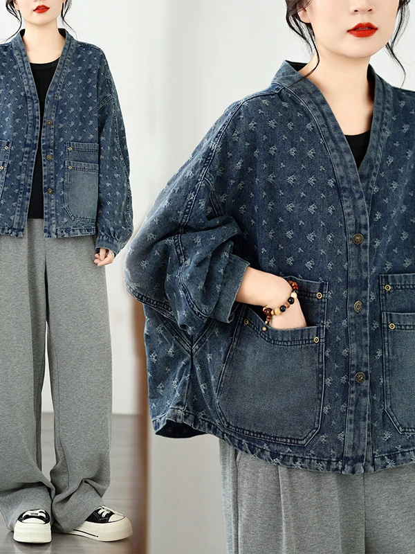 Women's Loose Fit Denim Short Jacket Autumn 2026 Fashion Multi-Pocket Embroidered Fabric Straight Body Shape Single Piece