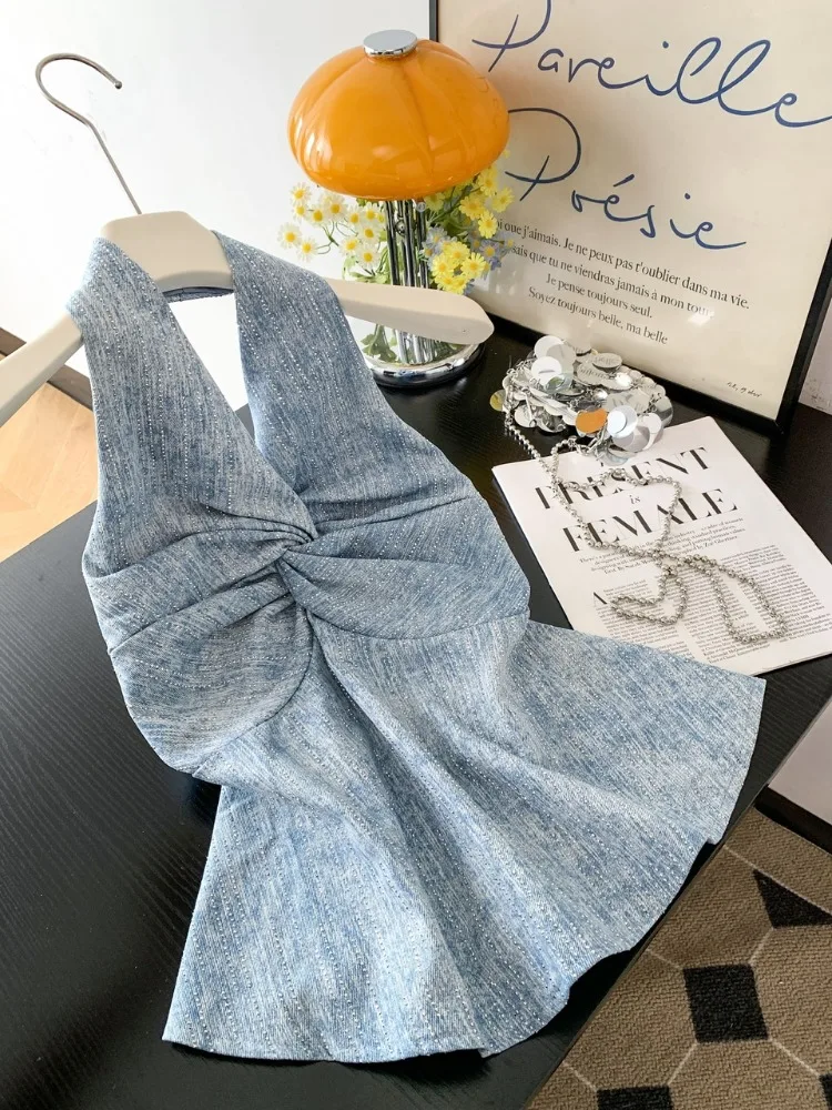 

Pure Desire Spicy Girl Heavy Rhinestone Necktie Tank Top Women Summer V-neck Waist Cinched Short Denim Upper Apparel