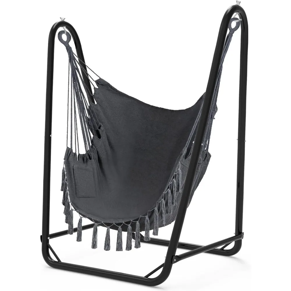 

U-Shaped Hammock Chair with Stand,Sturdy & Rust-Resistant Gray Natural Long-staple Cotton Hammock Chair for Indoor and Outdoor