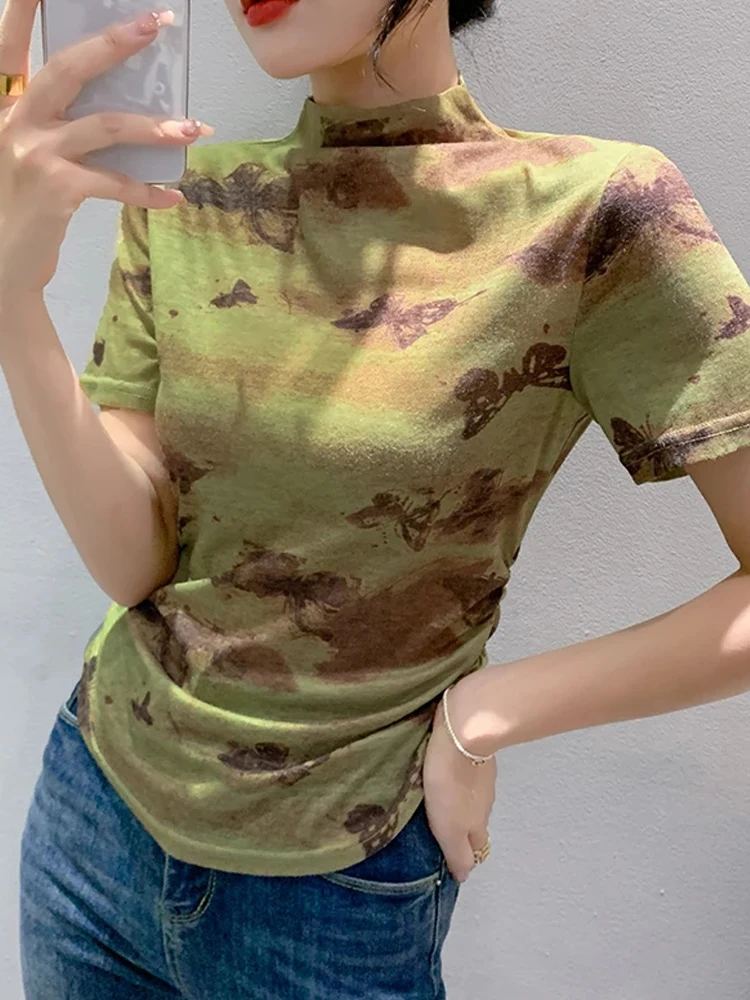 

Winsleter Elegant Basic TShirt Short Sleeve Tees Summer Autumn Women Turn Down Collar Butterfly Print Slim Tops T38339JC