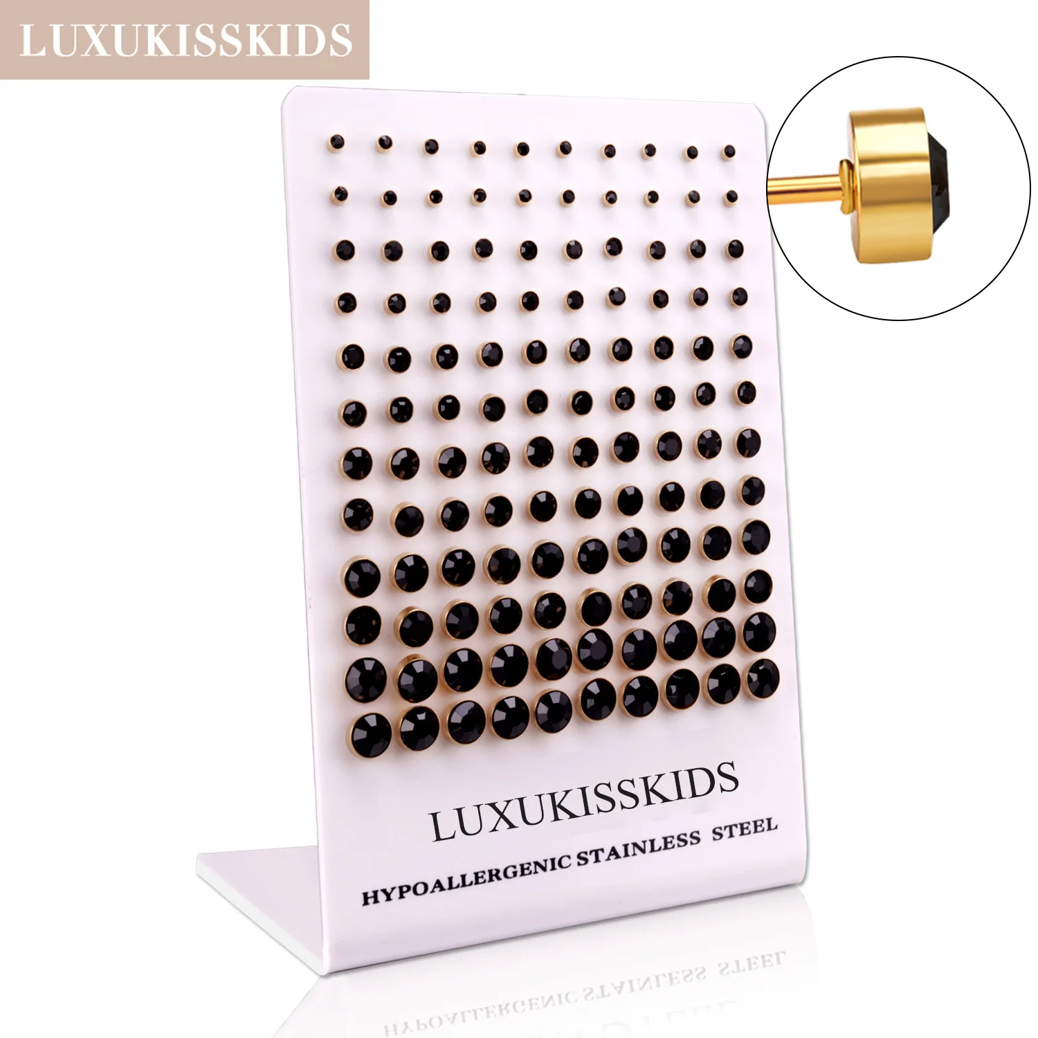 LUXUKISSKIDS Luxury 60paris/Lots AAA Cubic Zircon Stud Earrings Set Clearly Black Round Stone серьги Stainless Steel Accessories