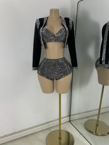 Yeni Trendy 2025 kadın Üç Parçalı Kıyafet Bar Gece Kulübü Performansı Dans Şarkıcı Kostüm Lüks Rhinestones Tasarımcı Takım Elbise