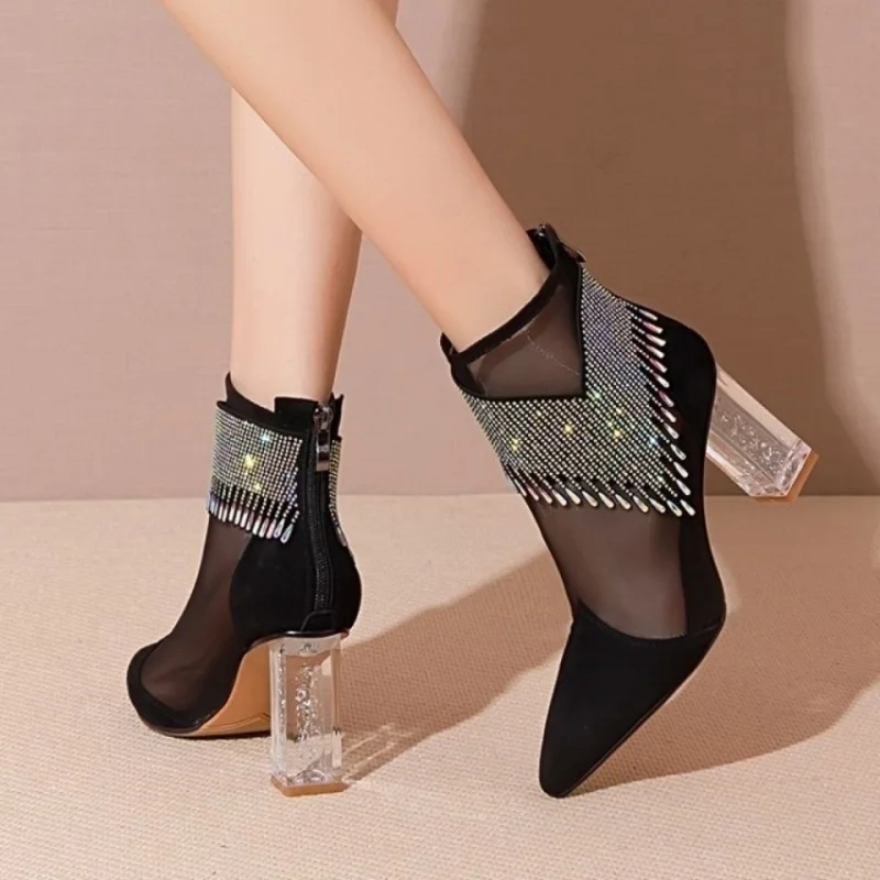 New 2024 Women High Heels Ankle Cool Boots Brand Chunky Designer Mesh Crystal Shoes Summer Ladies Sexy Prom Zapatillas Mujer