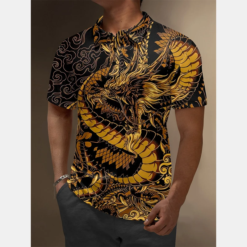 Retro Golden Dragon Polo Shirt Men's Clothing Street Harajuku Lapel Polo Shirts 3d Printed Irregular Pattern Flamingo Tee Top