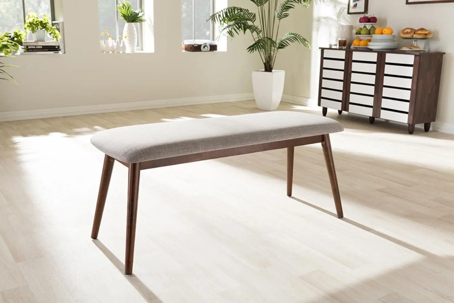 Acabamento Wood Dining Bench para meados do século, Modern Light Grey Fabric, OakMedium Brown