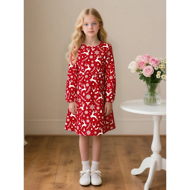 "أميرة عيد الميلاد" طباعة ندفة الثلج الرنة الحمراء - فستان بأكمام طويلة لموضوع عيد الميلاد، ملابس أطفال لطيفة #1