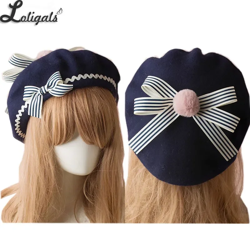 Sweet Women\'s Lolita Sailor Beret Gothic Wool Beret Hat with Lovely Bows for Winter