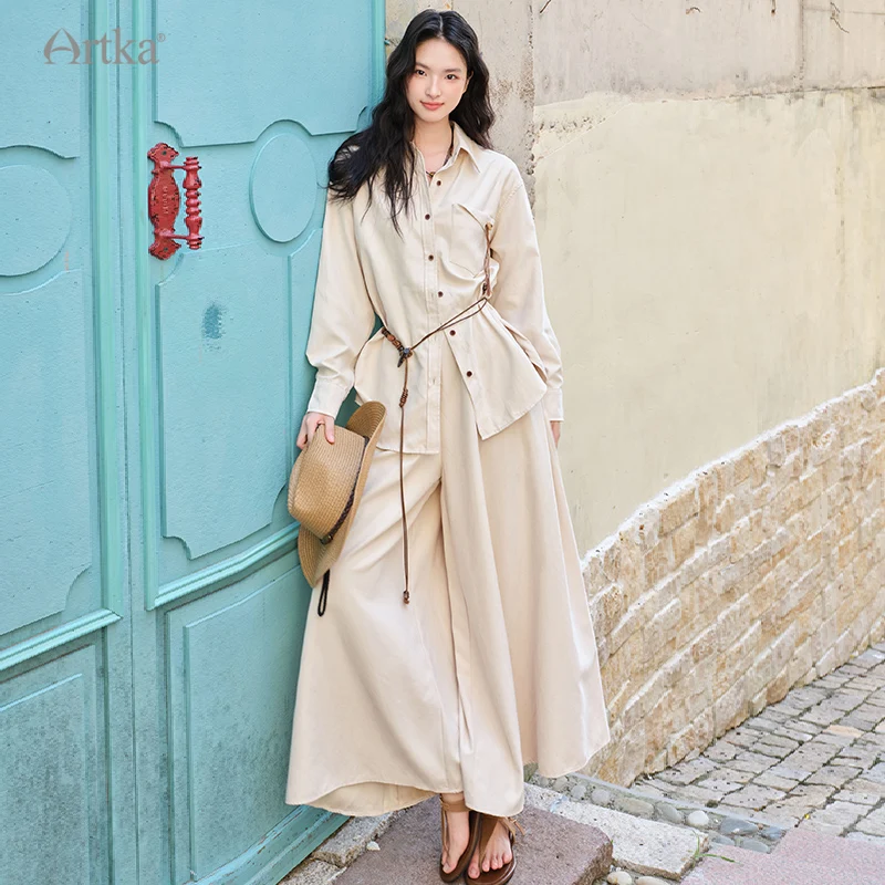 

ARTKA 2025 Autumn New Women Set Fashion Casual Loose Long Sleeve Shirt High Waiste Wide-leg Long Pants Set With Belt TZ02159Q
