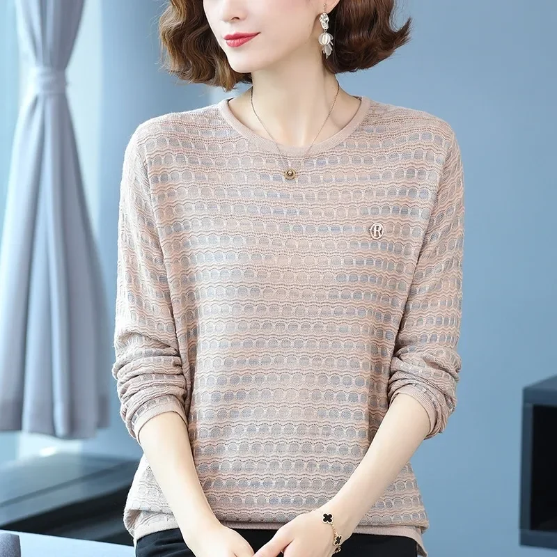 Elegant Plus Size Women Textured Knit Top Spring Autumn Round Neck Long Sleeve Slim Casual Blouse S-4XL