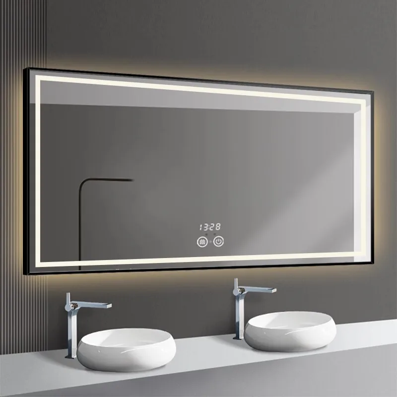 Modern Simple Style Gold Frame Dressing Mirror Bathroom Wall-Mounted LED Light Mirror Aluminum Frame Intelligent Hd Mirror