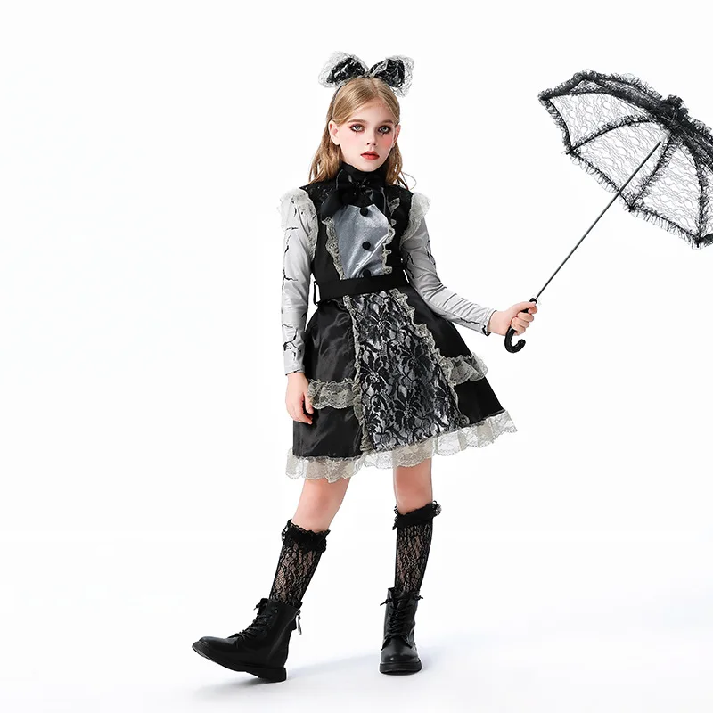 هالوين زي تأثيري الأطفال لوليتا فستان الدانتيل الظلام القوطية الساحرة فتاة لوليتا خادمة اللعب زي القوطية لوليتا