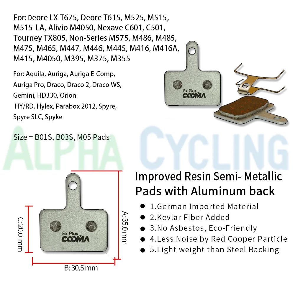 Bicycle Disc Brake Pads for Shimano B01S, M446, MT200 Calipers, 10 Pairs, Ex Plus Class