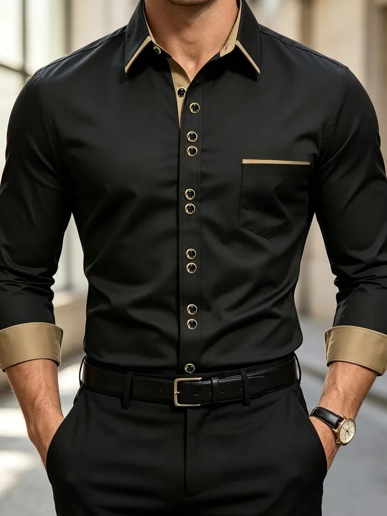 FGKKS Herrenhemd Brandneues Herren-Modehemd in Mehrfarbigem Patchwork-Design mit Langen Ärmeln und Elastischem Bund Smart Casual Männerhemd in Weiß – Detail 2