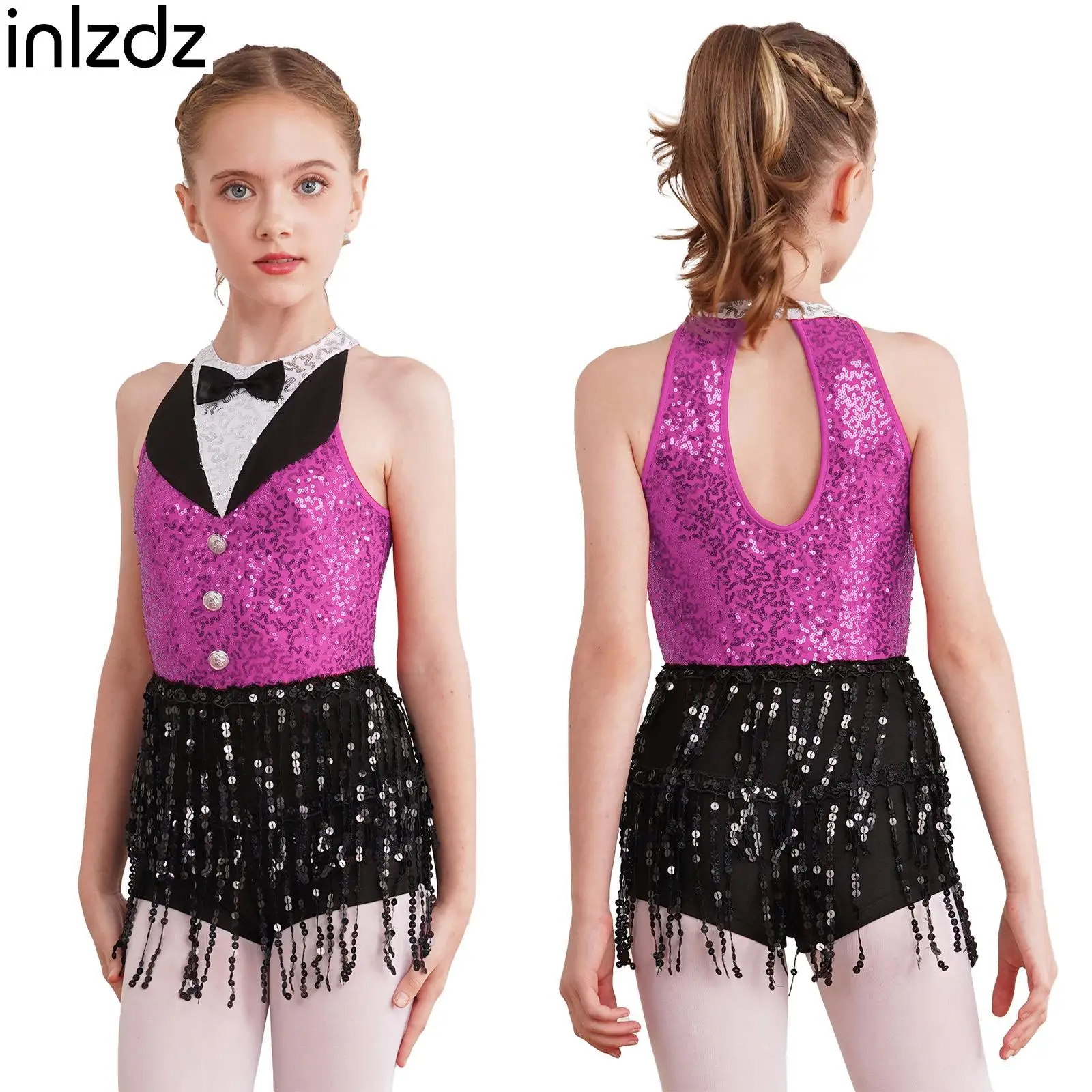 

Sequin Jazz Latin Dance Dress Sleeveless Tassel Bodysuit Figure Ice Skating Performance Dancing Party Dancewear for Kids Girls